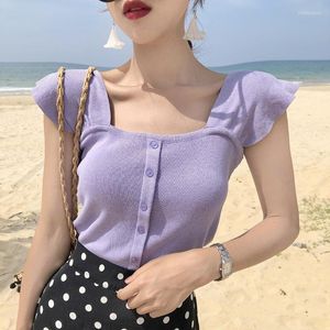 Kvinnors tankar Tingyili Square Neck Sticked Tank Top Korean Fashion Crop Blue Beige Purple Yellow Pink Black White Women