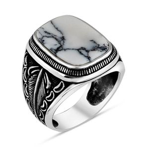Pierścienie klastrowe Mężczyzn Srebrny Pierścień z białym surowym turkusowym motywem liści kamiennego wykonane w indyku solidnym 925 Sterling