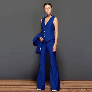 Women Suits 3 Piece Set pink royal blue Jacket Pants Vest Double Breasted Formal Metal Button Blazer Business Coat