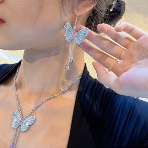 Necklace Earrings Set Hight Grade Butterfly Drop Inlay Colorful Cubic Zircon Exquisite Pendant Neckalce For Women Wedding Eternal Jewelry