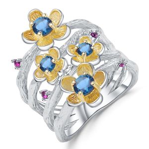 Cluster-Ringe GEM'S BALLETT 925 Sterling Silber handgefertigter Schmuck 0,96 ct natürlicher Londoner Blautopas Ring Pfirsichblütenblume für FrauenClus