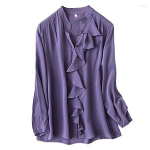 Kvinnors blusar Natural Silk V Neck Purple Long Sleeve Real Blus Tops With Ruffles for Women Office Wear Shirts Work