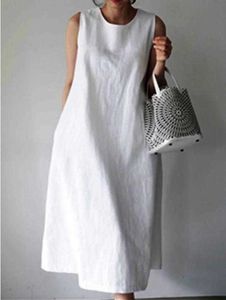 Sommarfast färg bomullsavsnittliga klänningar linne ärmlös stor storlek lös lös