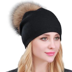 Beanies Beanie/Skull Caps Winter Women Real Fur Pom Hats Wool Knitted Thick Warm Lined Hat Lady Fashion Bobble Ski