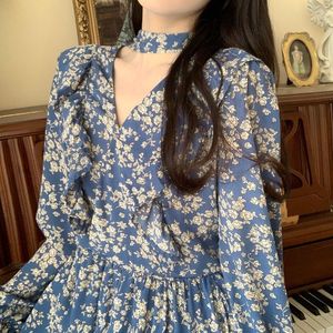 Casual Dresses French Style Women Romantic Blue Floral V-Neck Petal Sleeve Falbala Design Calf Length One Piece Dress Korean Clothes