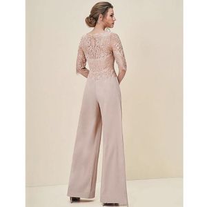 Jumpsuits Lace Mothers Groom Dresses Bateau Neck Half Sleeves Wedding Guest Dress Chiffon Plus Size Mother Of The Bride Pant Suits286r