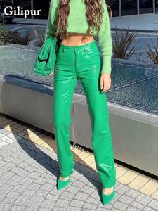 Pantaloni da donna Capris Pantaloni in ecopelle verde Pantaloni da donna a gamba dritta Moda Pantaloni larghi neri Harajuku Pantaloni casual eleganti a vita alta 230204