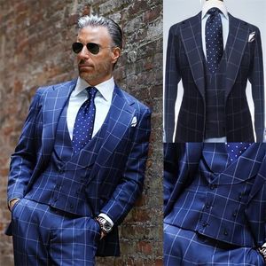 Мужские костюмы Blazers Royal Blue 3 Piece Men British Plaid Casual индивидуальная вечеринка красивая формальная шерсть в брюках. Последний дизайн мужчина