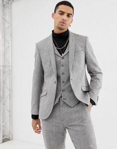 Men's Suits Men&#39;s Light Gray Wedding Tuxedos Herringbone 3 Piece Wool Vintage Formal Tailored Fit Boys Suit (Jacket Vest Pants)