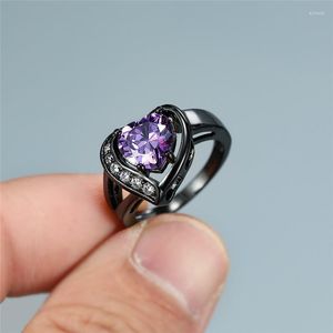 Bröllopsringar Purple Heart Crystal Zircon for Women Engagement Smycken Vintage Svartguldfylld Birthstone Ring Party Accessory
