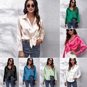 Kvinnor Bluses Korean Solid Office Ladies Elegant Shirt Blue Long Sleeve Button Up Satin Basic Workwear White Vintage Shirts Tops