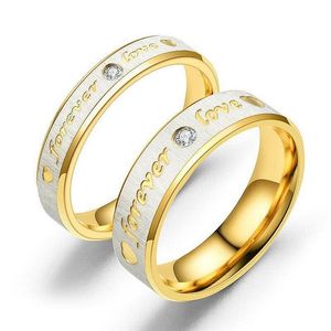 Hochzeitsringe Gold Farbbrief Ring Titanium Stahl Edelstahl für immer Liebe Cubiz Zirkonia Paar Liebhaber Anillos