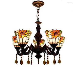 Chandeliers Stained Glass Living Room Dining Chandelier 24 " 5 Heads Warm Color Sun Flower