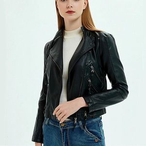 Women's Leather & Faux Autumn Black Slim Motorcycle Jacket Women Ladies Biker Short Zipper Soft PU Jackets Woman Fashion CoatWomen's