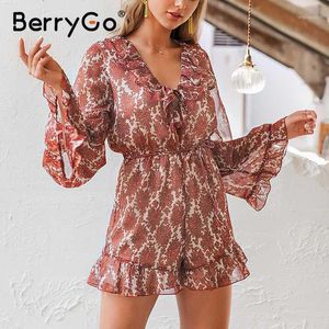 Женские комбинезоны снимают смены Berrygo Элегантное v Neck Lace Up Floral Print Women Play Suits Flare рукав шифон Romper Holiday Beach Ladies ove