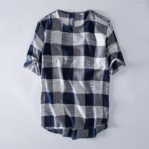 Men's T Shirts Summer Cotton Linen Short Sleeves T-shirt Men Fashion Plaid Tee Shirt O Neck Tops Tees Casual Tshirt TS-413