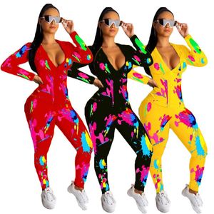 Women's Jumpsuits & Rompers Tie Dye Deep V Neck Zipper Sport Wear Casual Jumpsuit Women Hoodies Skinny Sexy Playsuit Female Fitness Overalls