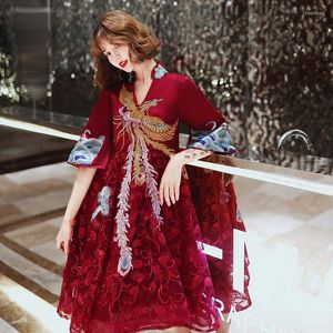 Etnik kıyafet artı xs-3xl vintage geliştirilmiş Çin tarzı bordo Phoenix nakış cheongsam lüks a-line parti elbiseleri tost