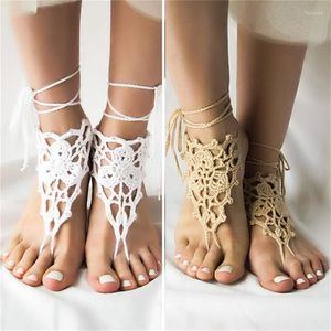 Anklets 1 Pair Crochet Barefoot Sandals Beach Pool Wear Toe Ring Anklet Nude Shoes Foot Jewelry Victorian Lace Yoga Bridal