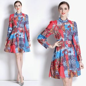 Kvinnors tryckkl￤nning Butik l￥ng￤rmad kl￤nning 2023 Spring Autumn Shirt Dress High-End Fashion Lady Retro Dresses