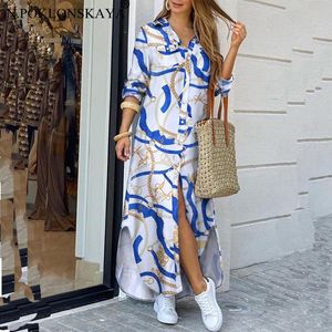 Sukienki swobodne modne sukienki w stylu koszuli Ladies Long Street Duży rozmiar luźnego domu wydruku maxi kobiety