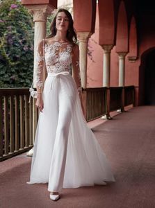 Runway Wmen Jumpsuits A Line Wedding Dresses Lace Applique Long Sleeves Detachable Train Garden Beach Boho Bride Wear Elopement Bridal Gowns Ivory Vestido De Novia