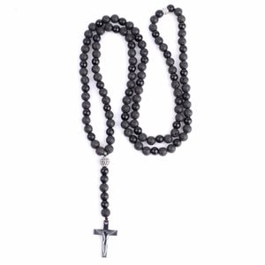 Pendant Necklaces Classic Christian Cross Long Necklace Natural Black Lava Stone Beads & Pendants For Women Men Jewellry Sets