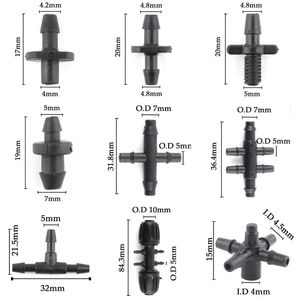 Vattenutrustning 50st 3/5mm 1/8 '' Trädgårdsbevattningslanganslutningar Barbed Silng Hook Tee -koppling till 4/7 8/11 16PE Pipe Nut Connector