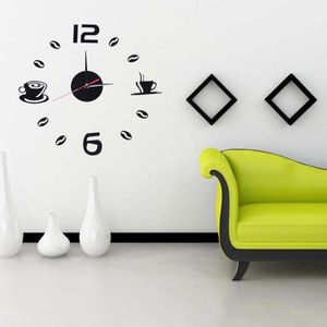 Wall Clocks Mirror Acrylic Clock Coffee Cups Decorative DIY Self Adhesive Sticker For Living Room Home Decoration 449E