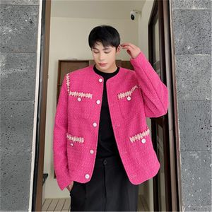 Мужские куртки шикарные мужская куртка с длинным рукавом плетение дизайнерское пальто винтажное розовое твидо шерстяное извращение корейская уличная одежда молодежная мужчина одежда