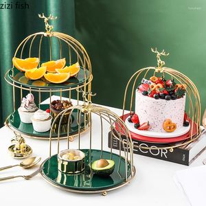 Plates Creative Ceramic Dessert Plate Metal Birdcage Rack Household Fruit Tray Storage Living Room Table Top Decoration Cake Trays