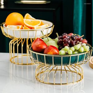 Plates Kitchen Ceramic Fruit Plate With Gold Iron Art Holder Snack Serving Tray Bowl Party Dry Display Stand Fruits Candy Shelves