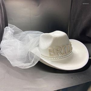 Berets Western Wedding Bride's Cowboy Hat Bridal Shower Bride Decoration With Pattern Diamond Veil HatBerets Delm22