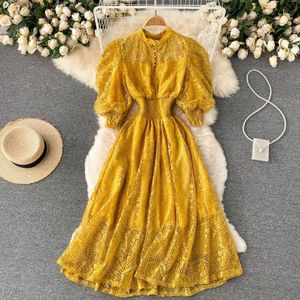 Court Elegant Retro Lace Dress For Women Graceful Stand Collar Waist Tight