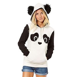 Kvinnors huvtröjor tröjor streetwear kvinnor söt panda tryck rolig öronficka huva fleece topp kawaii hoodie överdimensionerade tröja sudade