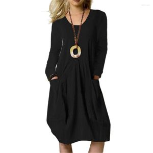 Casual Dresses Europe-USA Style Women Loose Waist O-Neck Pure Color Pocket Long Sleeve Cotton Linen Dress