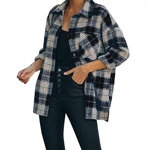 Women's Blouses Women's Shirts Flannel Plaid Print Thin Jacket Raglan Long Sleeve Button Turn Down Collar Pocketed Coats Women 4