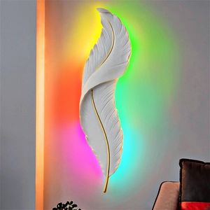 Wall Lamp Nordic Feather RGB For Bedside Bedroom Bathroom Decor White Remote Led Light Indoor LightingWall