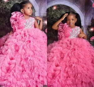 Pink Ruffles Flower Girl Dresses For Wedding Jewel Neck Little Girl's Pageant Ball Gown Appliqued Lace Kids Todder Formal Party Wear First Communion Dress CL1787