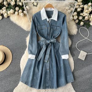 Basic Casual Dresses Women's Sweet Patchwork Long Sleeve Fake Two Fashion A-line Denim Shirt Dress Vestidos Korean Spring Autumn 2024