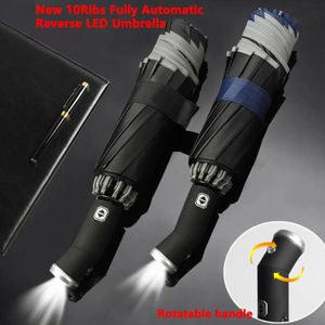 LED Flashlight 10Ribs ile Tam Otomatik Ters Katlanır Şemsiye, güneş veya yağmur günü için rüzgar geçirmez yansıtıcı şerit UV şemsiyeleri