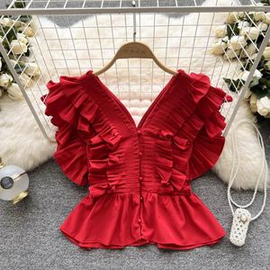 Women's Blouses 2023 Summer Women Slim V-neck Shirt Red Pleated Ruffled Sleeveless Top Mujer Fashion Clothes Camisa Blouse E089