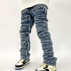 Calças de brim empilhadas masculinas retro buraco rasgado angustiado para homens em linha reta hip hop solto calças jeans casuais calças jeans