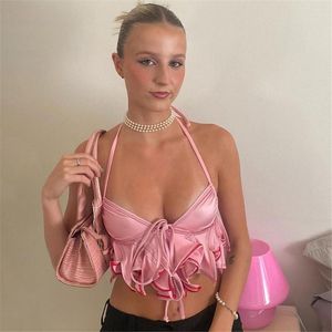 Damen-Tanks, sexy Damen, ärmellose kurze Bluse, 2023, rosa Neckholder, V-Ausschnitt, plissierter Saum, offener Rücken, Trägerweste, rückenfreie Crop-Tops