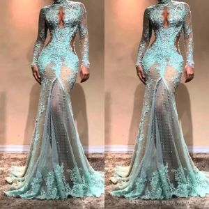 High Neck Luxury Full Lace Pearls Mermaid Evening Dresses Dubai See Through illusion High Split Formal Prom Cutaway Side Celebrity Gowns Custom Made BC0003