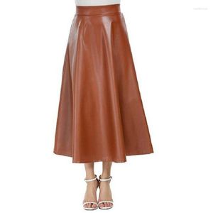 スカート韓国ファッションロングスカートPUフェイクレザーブラックカーキ/ネイビーブルー/バーガンディの女性スイングバックジッパーハイウエストAライン