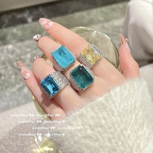 Cluster Rings Luxury Square Cut Paraiba Tourmaline Zirconia Wedding Ring Silver Color Women's Engagement Bridal Trend smycken