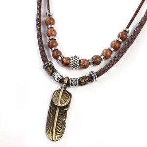 Ethnic Style Wood Bead Sweater Chain Adjustable Metal Feather Pendant Necklace Leaf Necklace Male