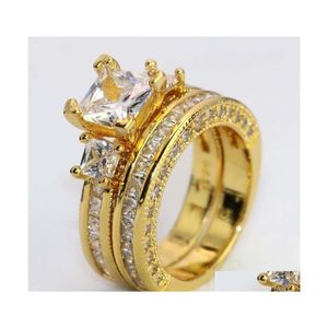Pierścienie opaski Para męskie podwójne rzędu cyrkon ze stali nierdzewnej Womens 18K żółte złoto White Sapphire Diamentowy pierścień 633 Q2 Drop Dhhao