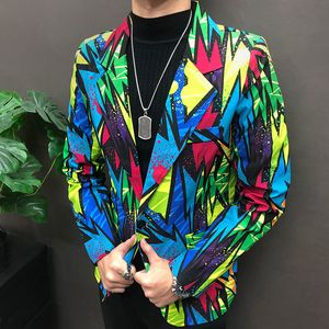 Herrdräkter blazers streetwear hip hop sångare dansare kappa färgglada graffiti kontrast färg mönster scen kostymer män smal kostym blazer jacka 230206